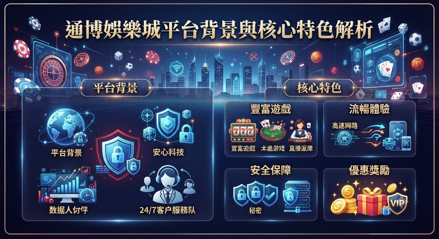 這張圖片展示了通博娛樂城平台背景與核心特色解析,並透過科技感的主題與圖標呈現豐富的遊戲與安全保障內容。