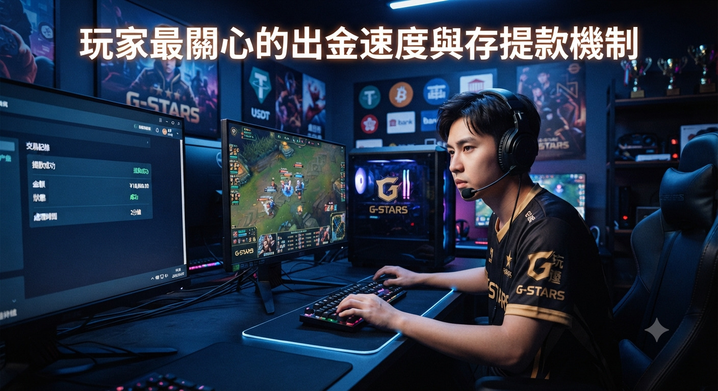 圖片展示了一位電競玩家正在電腦前專注遊戲,畫面正上方清晰顯示著標題「玩家最關心的出金速度與存提款機制」。 整體設計融合了現代電競風格與流暢的交易介面意象。